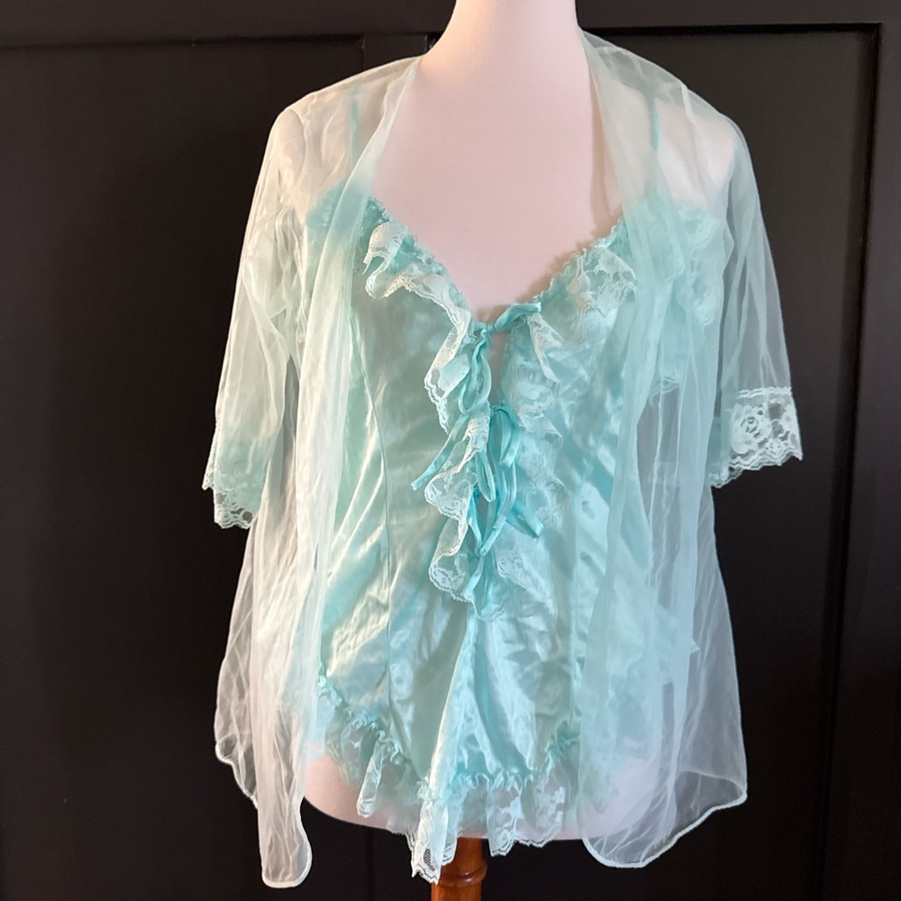 Vintage 1970s  two piece set Delicate Black Sheer Aqua Lingerie Set